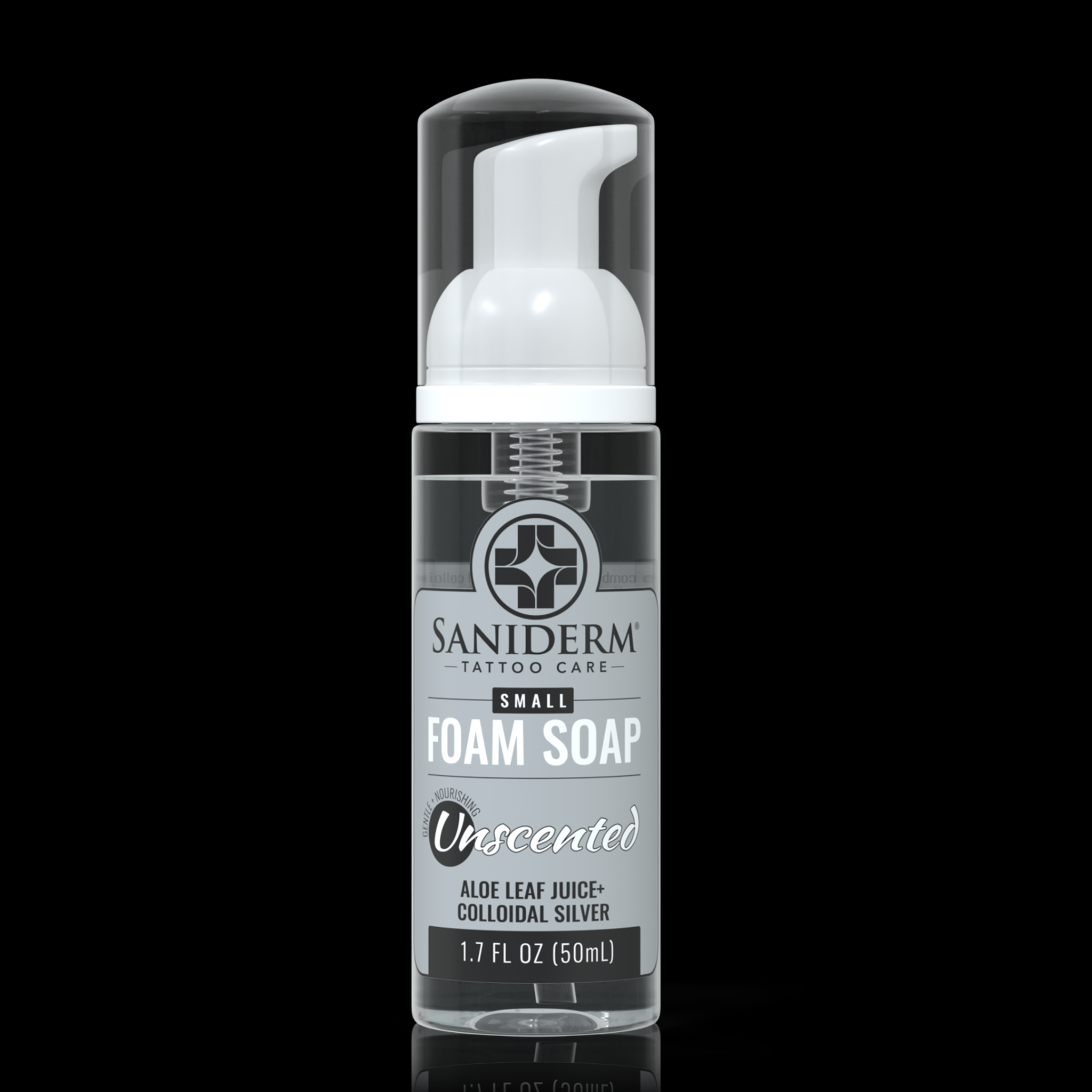 A 1.7 fl oz bottle of Saniderm Tattoo Care Small Foam Soap, Unscented, featuring a clear cap, white pump, and a gray and black label, set against a solid black background.